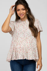 White Floral Mock Neck Tiered Maternity Top