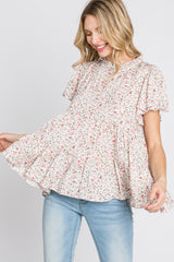 White Floral Mock Neck Tiered Maternity Top