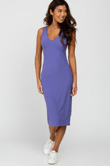 Purple Sleeveless Ribbed Knit Fitted Dress