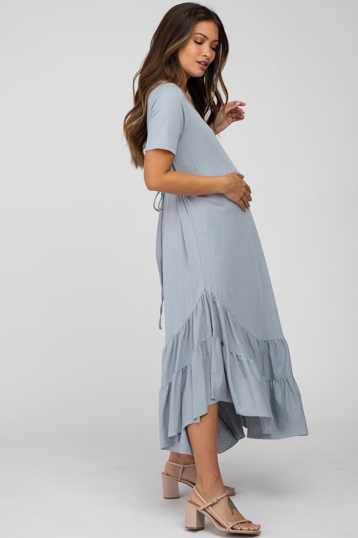 Blue Ruffle Accent Maternity Midi Dress– PinkBlush