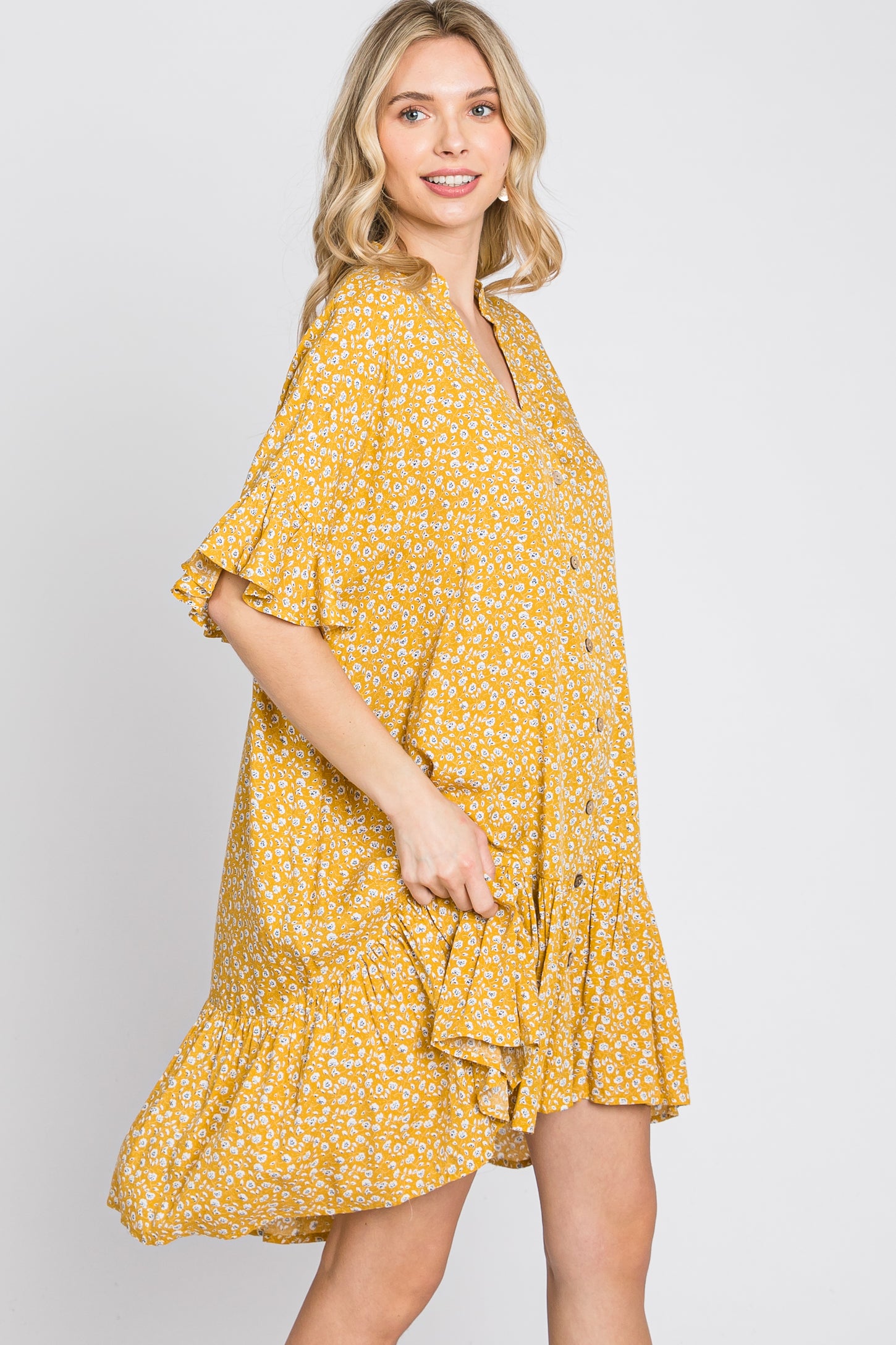 Yellow Floral Ruffle Hi- Lo Hem Mini Dress