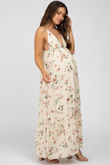 Cream Floral Front Tie Ruffle Hem Maternity Maxi Dress