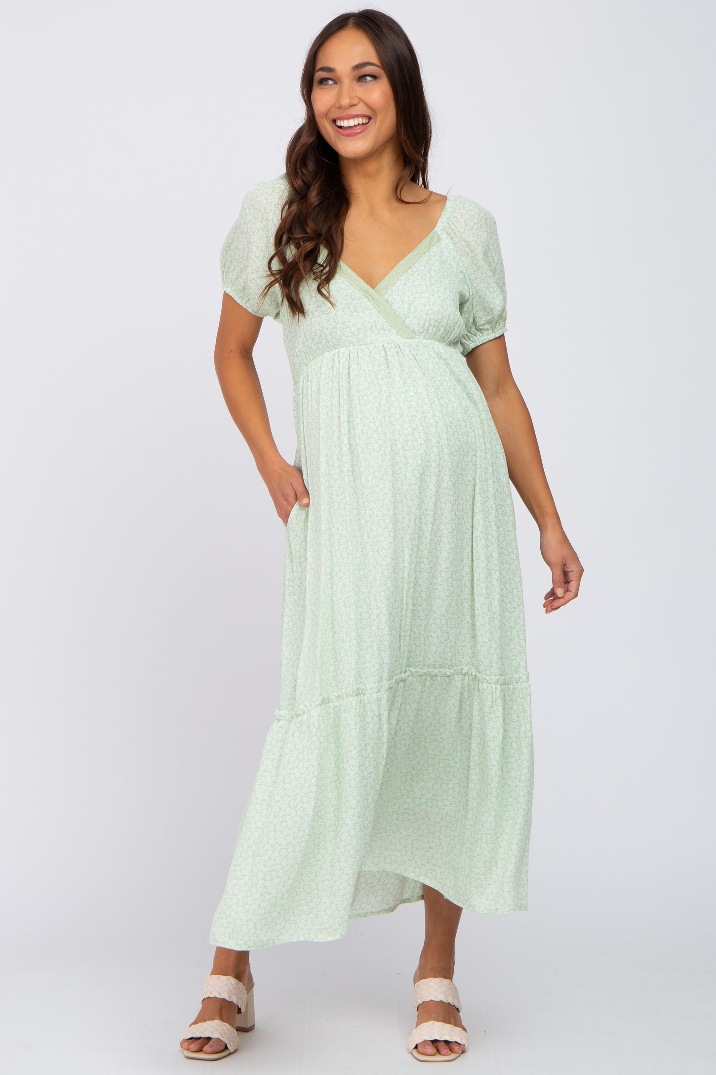 Mint Green Floral Crochet Wrap Front Maternity Midi Dress – PinkBlush