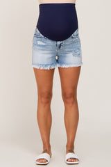 Light Blue Distressed Fringe Hem Maternity Jean Shorts