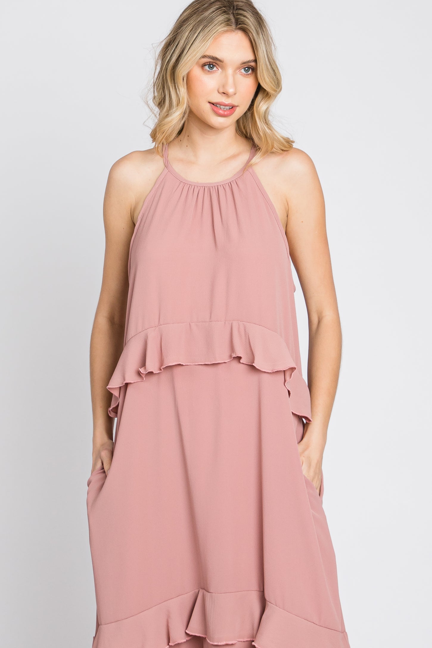Pink Halter Neck Ruffle Accent Maxi Dress
