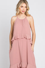 Pink Halter Neck Ruffle Accent Maxi Dress