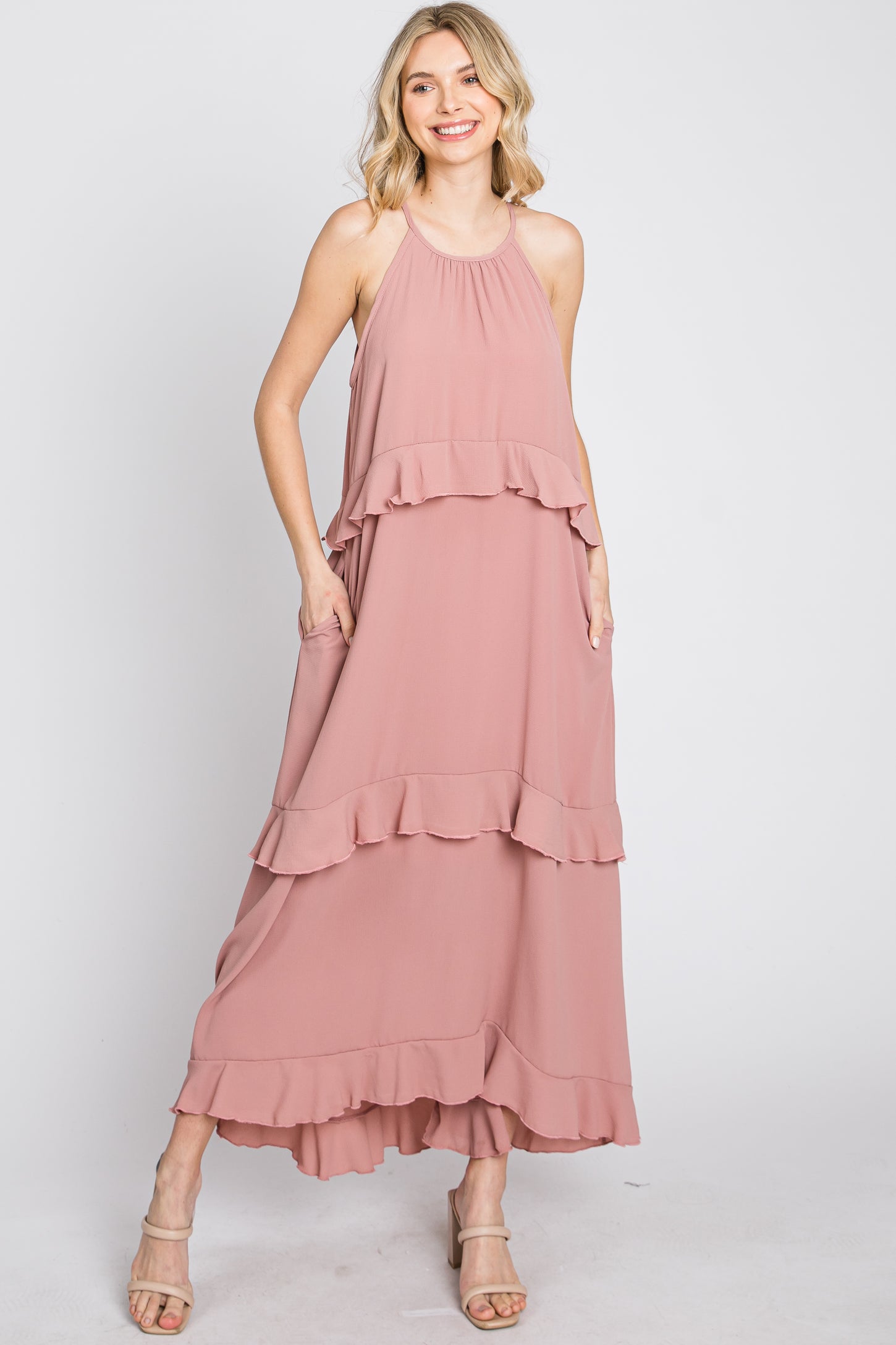 Pink Halter Neck Ruffle Accent Maxi Dress