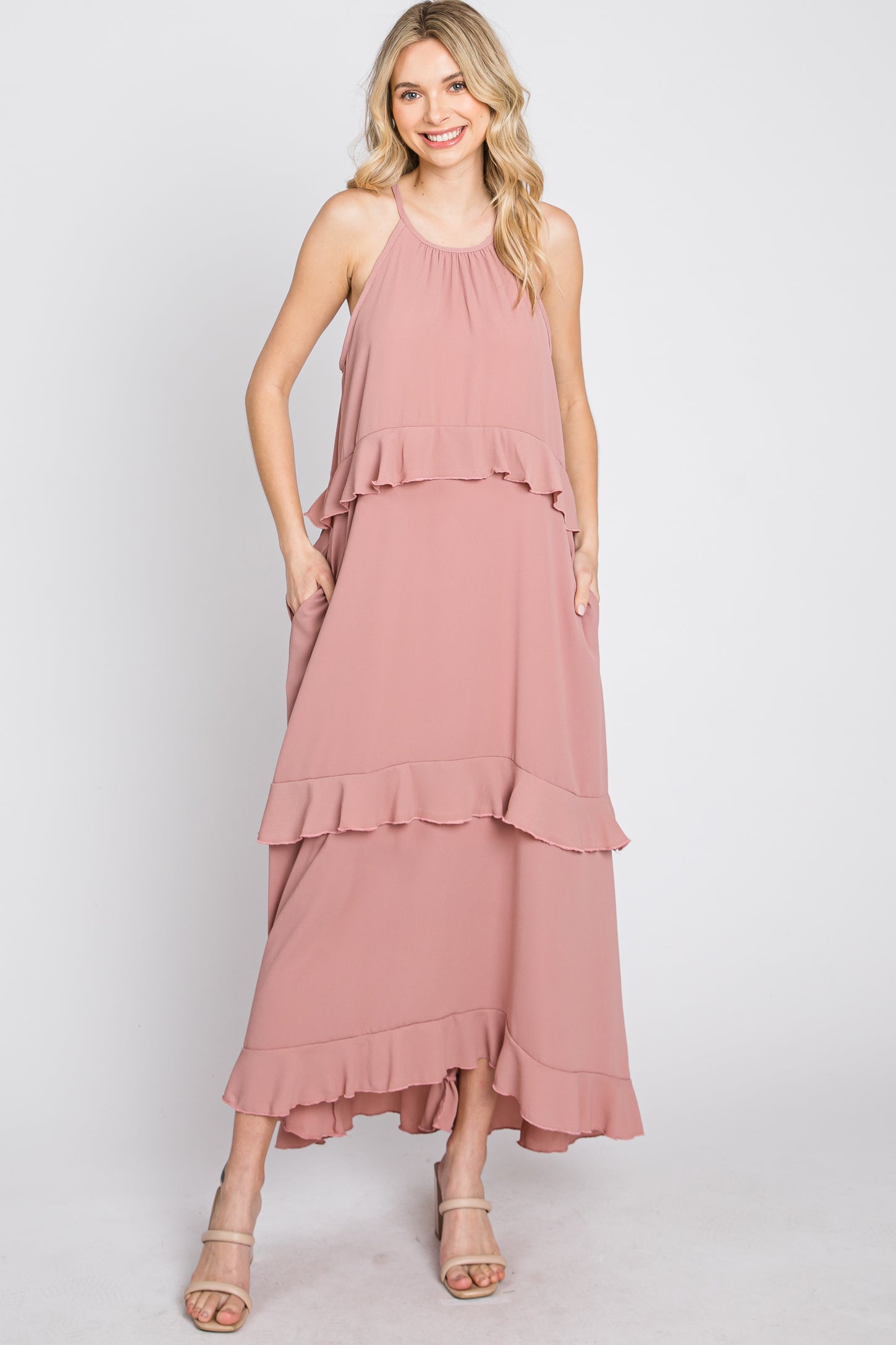Pink Halter Neck Ruffle Accent Maxi Dress PinkBlush Pink Halter Neck Ruffle Accent Maxi Dress PinkBlush
