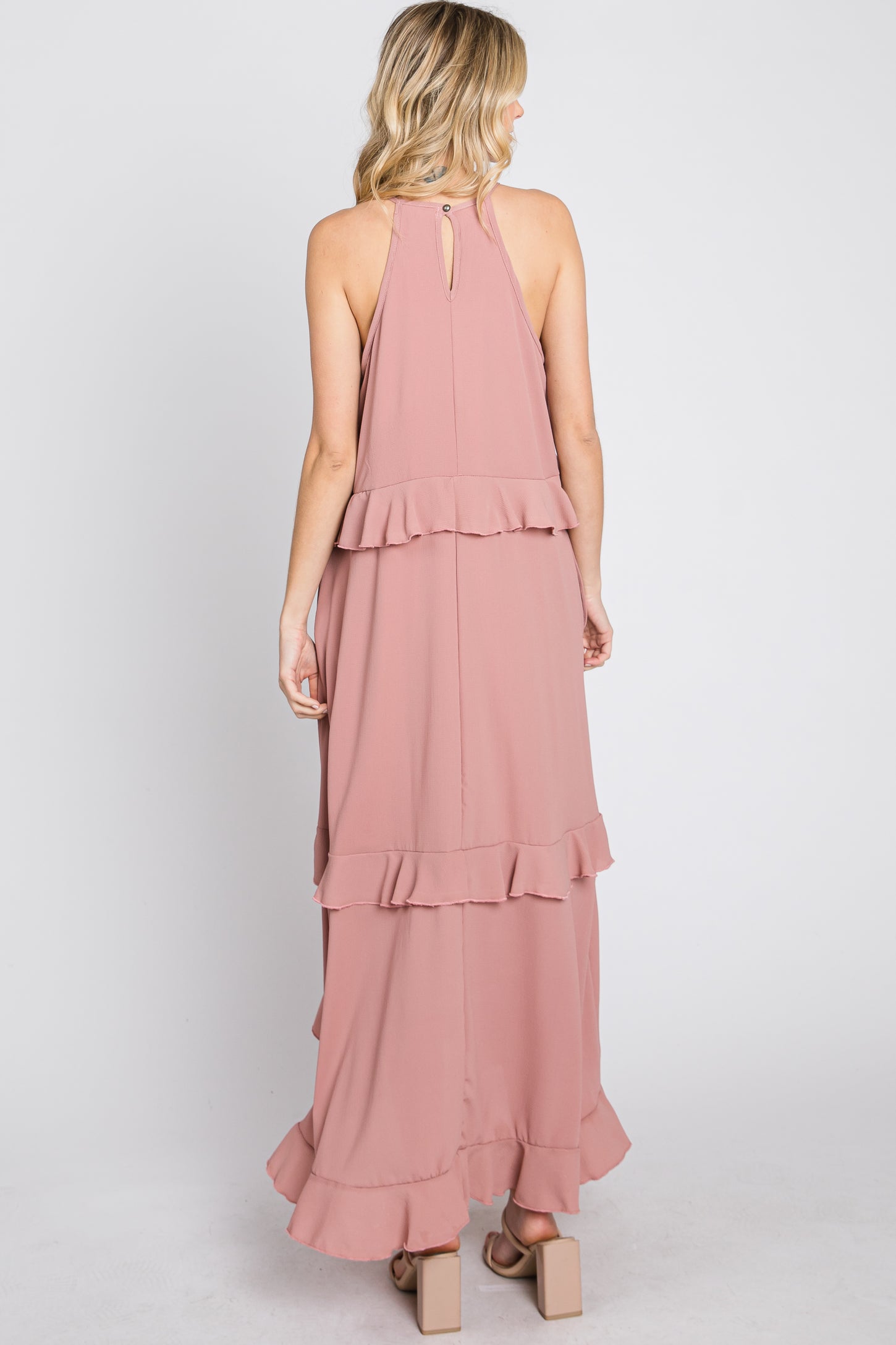 Pink Halter Neck Ruffle Accent Maxi Dress