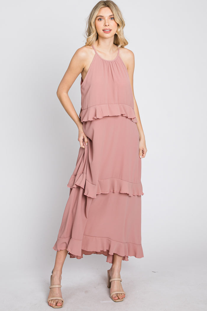 Pink Halter Neck Ruffle Accent Maxi Dress
