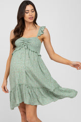 Light Olive Floral Ruffle Accent Smocked Maternity Dress
