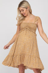 Camel Floral Ruffle Accent Smocked Maternity Dress