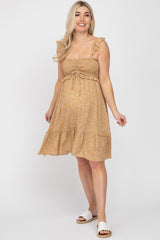 Camel Floral Ruffle Accent Smocked Maternity Dress