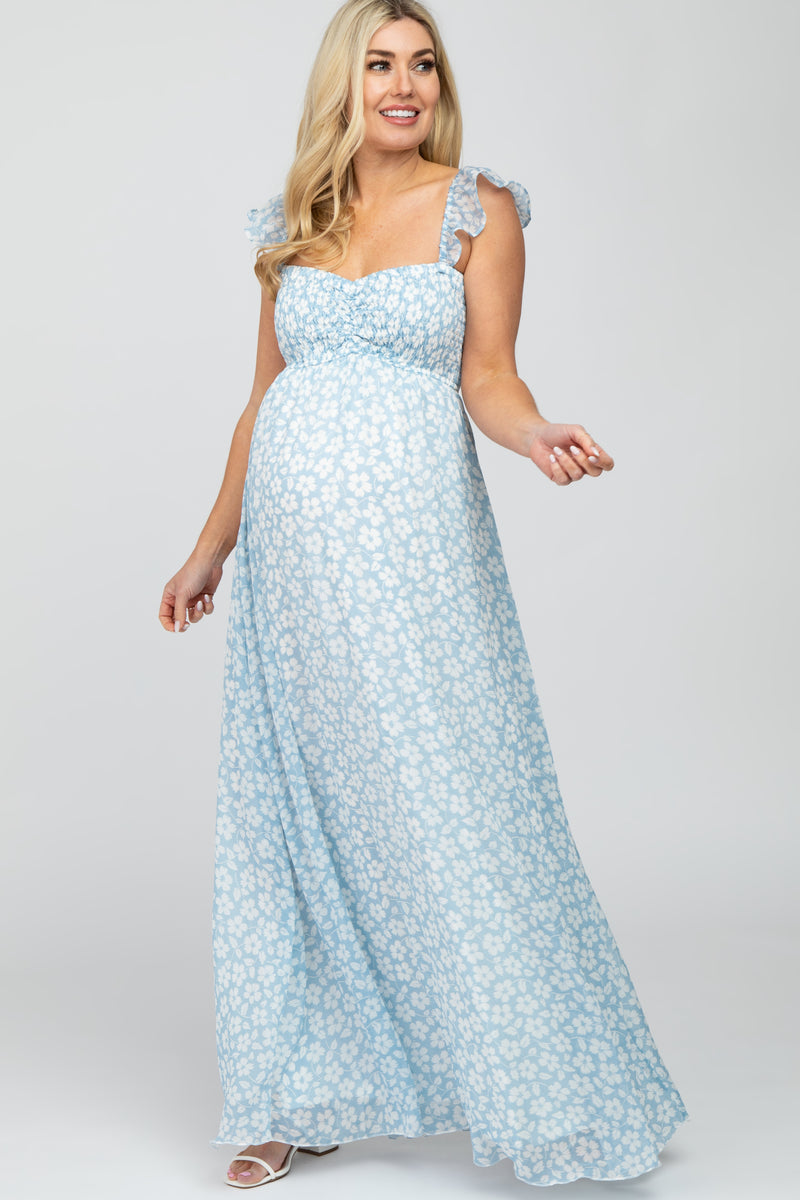 Light Blue Floral Chiffon Sweetheart Neck Off Shoulder Maternity Maxi ...