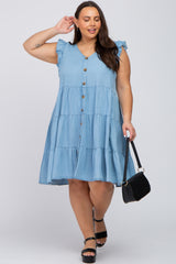 Light Blue Chambray Tiered Button Accent Maternity Plus Dress