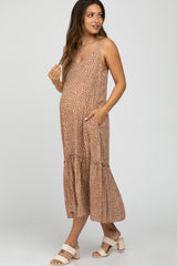 Camel Animal Print Ruffle Hem Maternity Midi Dress