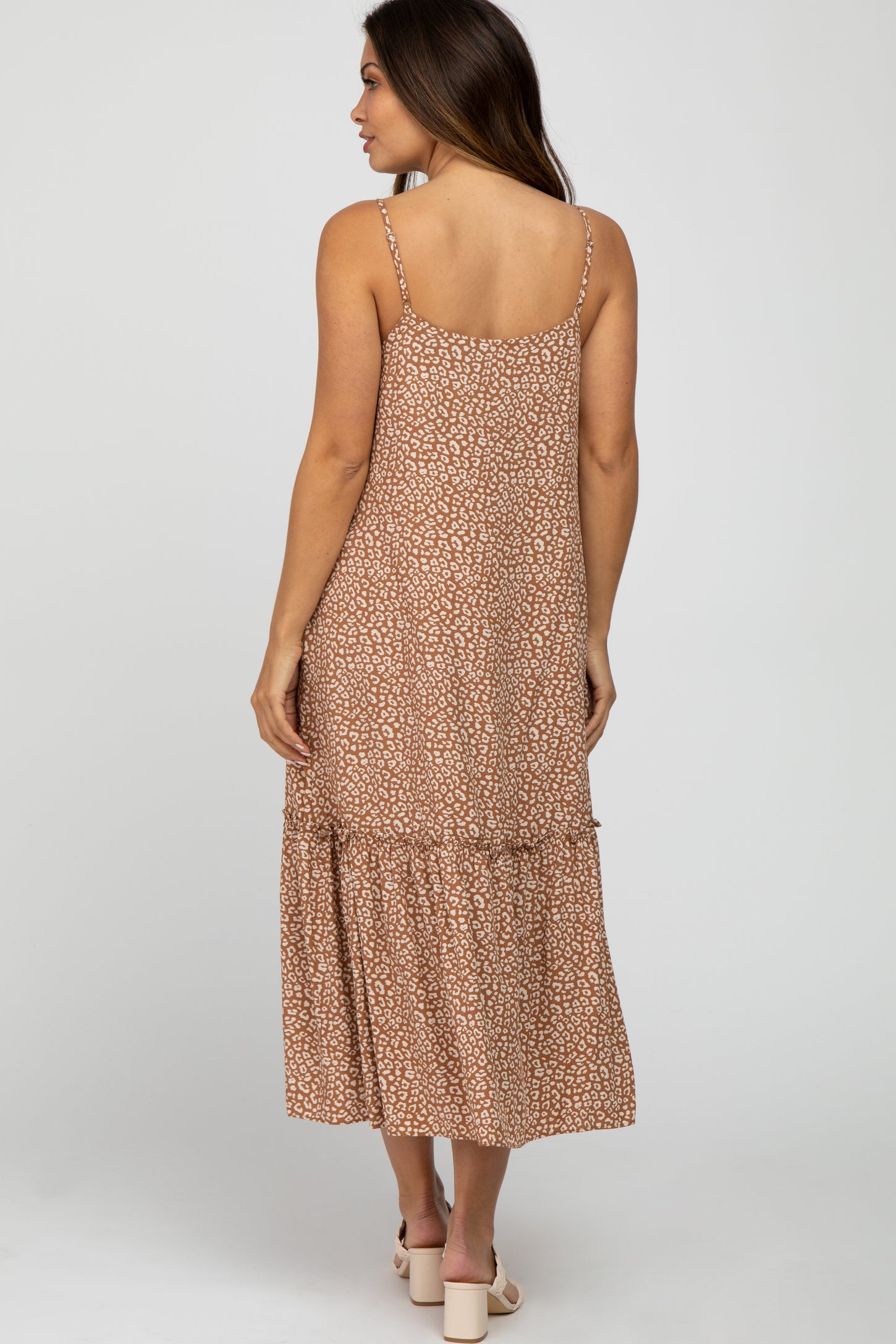Camel Animal Print Ruffle Hem Maternity Midi Dress