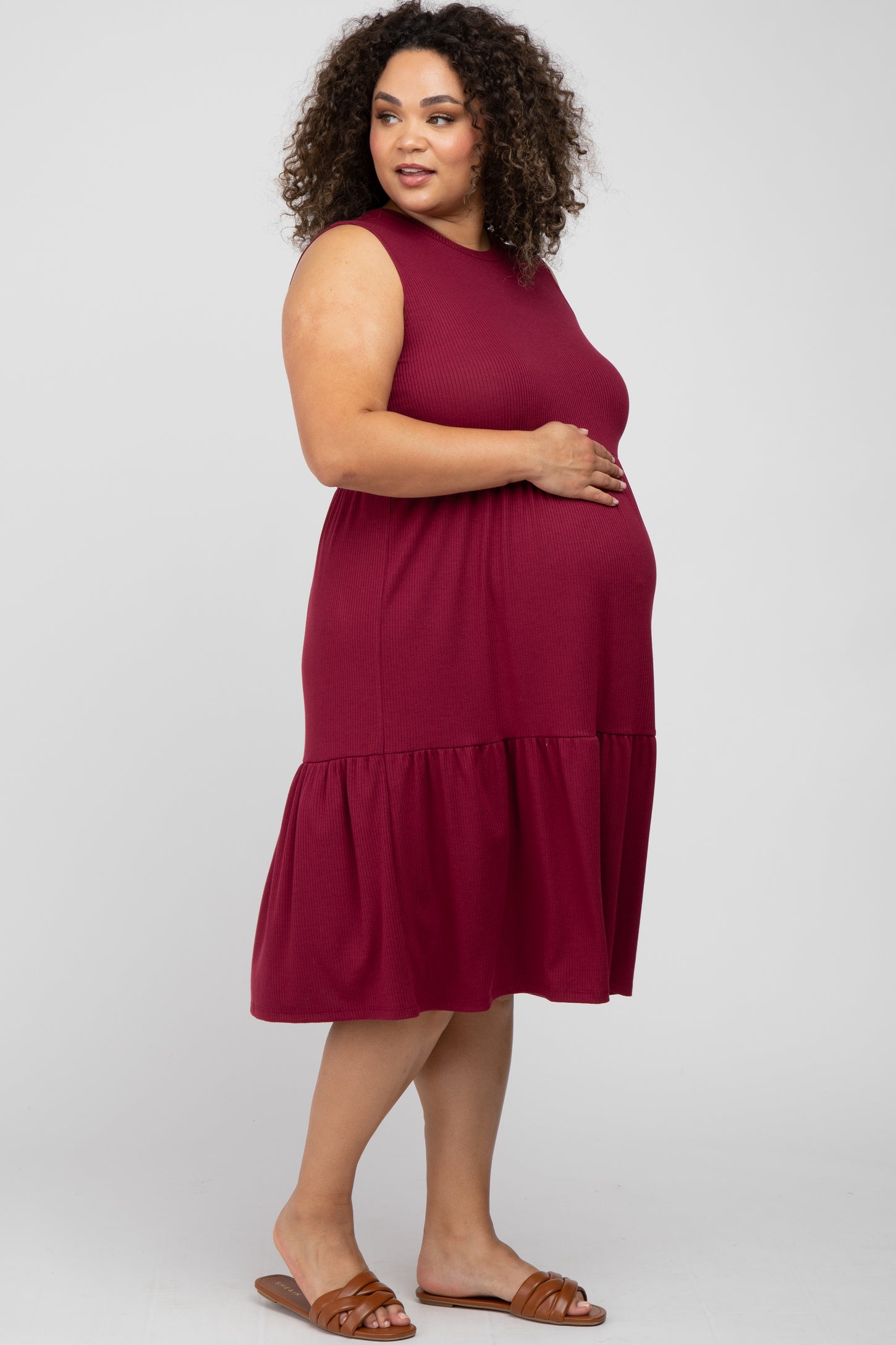 Burgundy Ribbed Sleeveless Plus Maternity Midi Dress PinkBlush Burgundy Ribbed Sleeveless Plus Maternity Midi Dress PinkBlush
