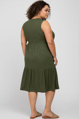 Olive Ribbed Sleeveless Plus Maternity Midi Dress