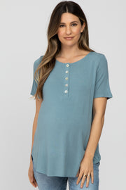 Blue Button Up Short Sleeve Maternity Top