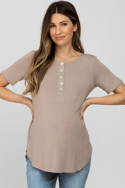 Light Taupe Button Up Short Sleeve Maternity Top