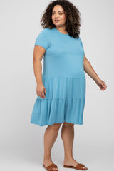 Aqua Blue Tiered Maternity Plus Dress