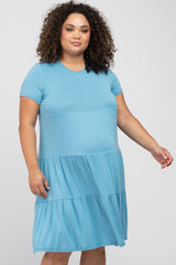 Aqua Blue Tiered Maternity Plus Dress