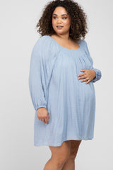 Light Blue Textured Dot Square Neck Maternity Plus Dress