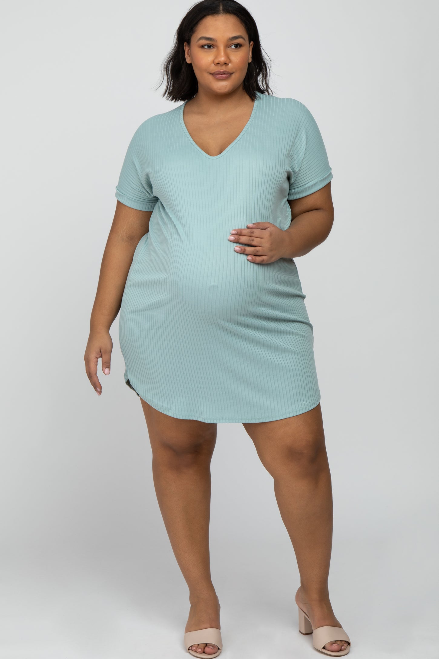 Mint Green Ribbed Short Sleeve Maternity Plus Dress PinkBlush