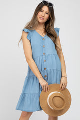 Light Blue Chambray Tiered Button Accent Maternity Dress