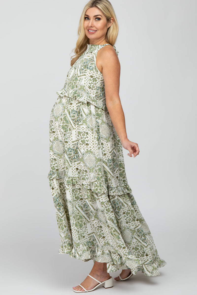 Green Floral Paisley Print Tiered Maternity Maxi Dress– PinkBlush