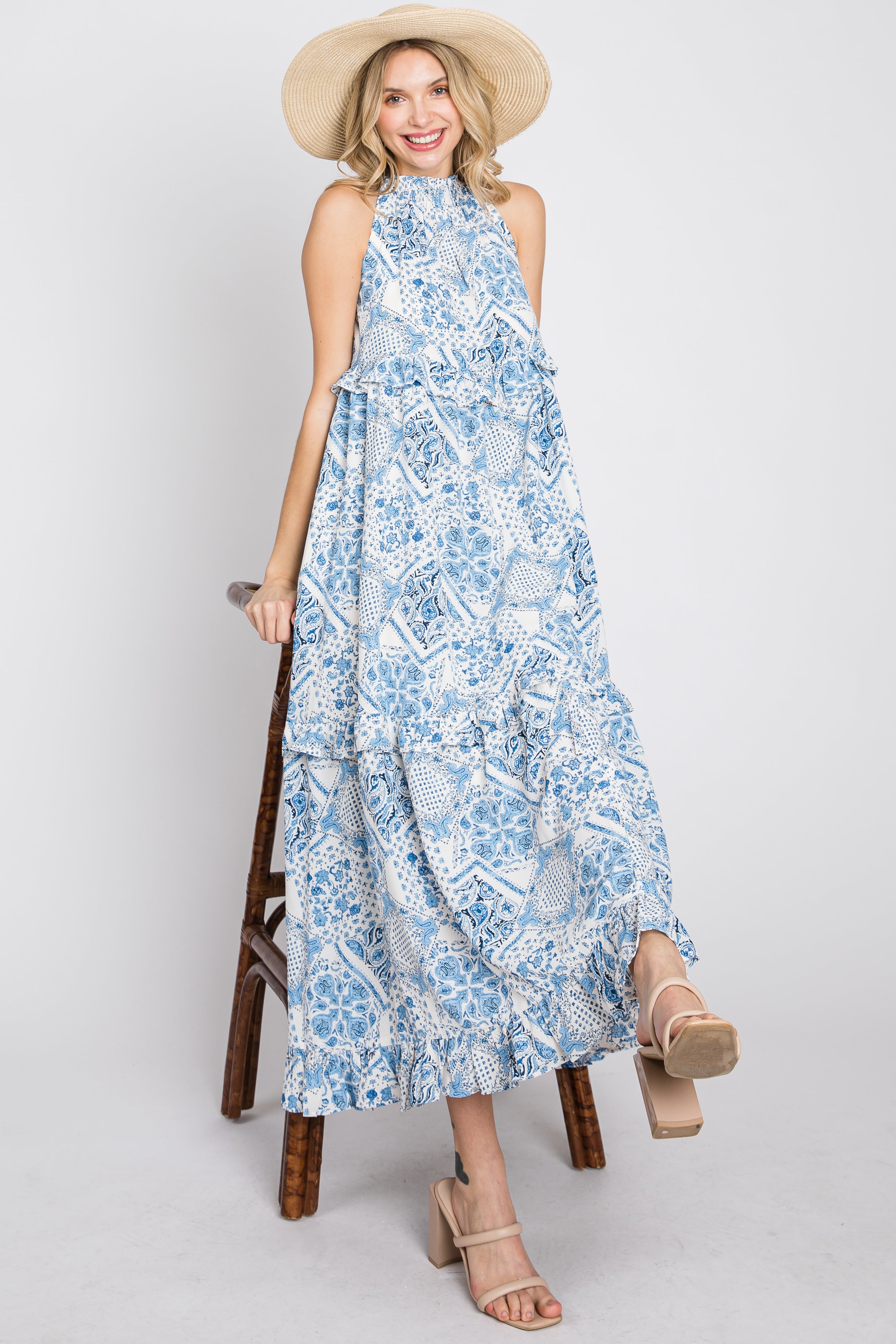 Blue Floral Paisley Print Tiered Maxi Dress Large Blue Floral Paisley Print Tiered Maxi Dress Large