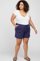 Navy Blue Linen Fringe Hem Drawstring Maternity Plus Shorts