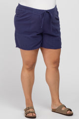 Navy Blue Linen Fringe Hem Drawstring Maternity Plus Shorts