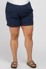 Navy Blue Ladder Trim Maternity Plus Shorts