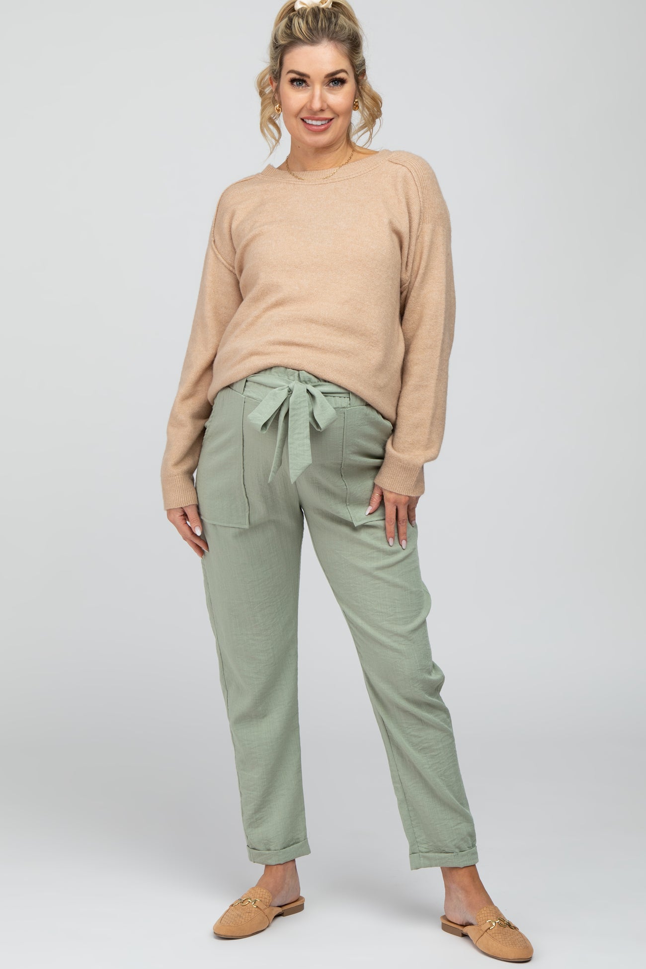 Light Olive Paper Bag Waist Cropped Maternity Pants PinkBlush