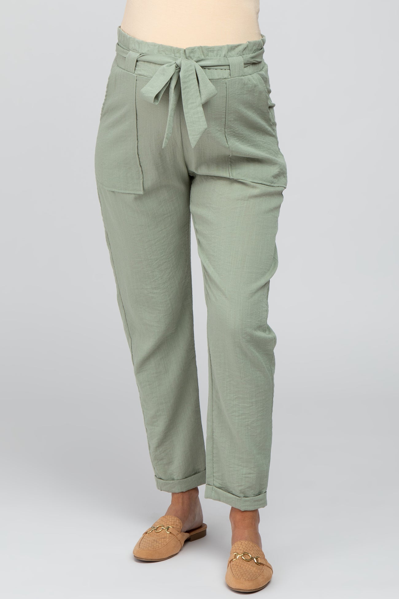 Light Olive Paper Bag Waist Cropped Maternity Pants PinkBlush