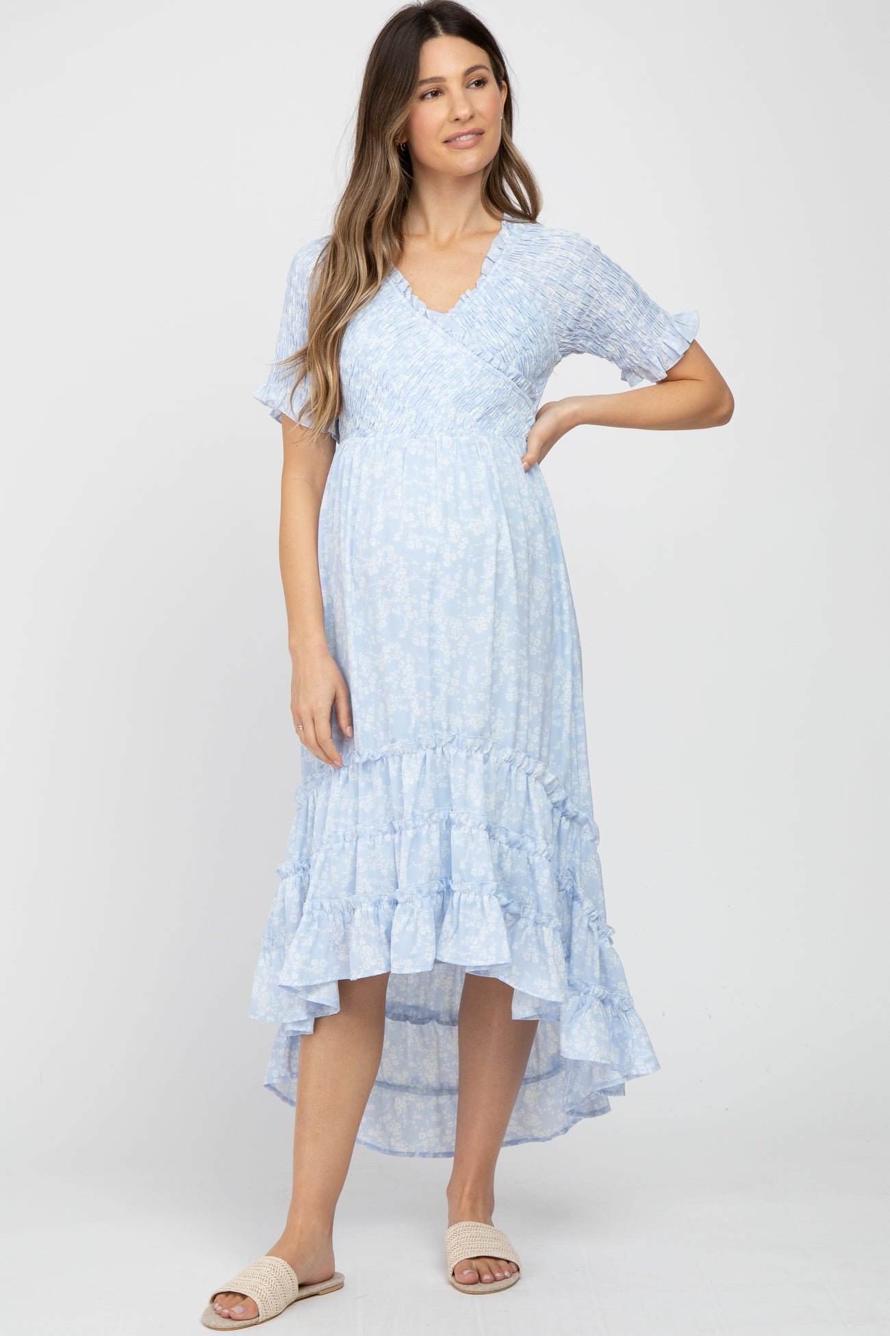 Light Blue Floral Ruffle Hi-Low Hem Maternity Dress– PinkBlush