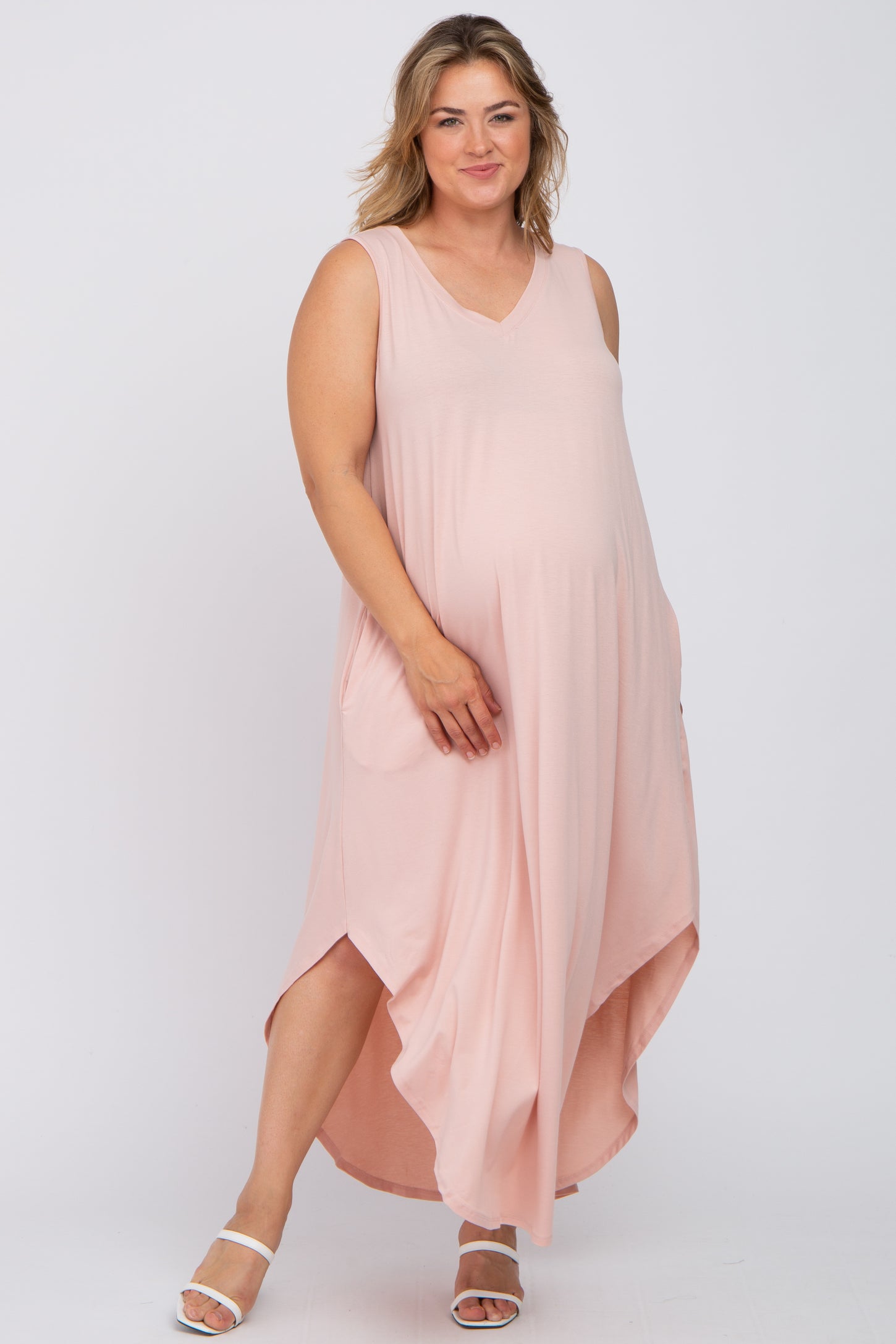 Pink V-Neck Basic Maternity Plus Maxi Dress
