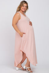 Pink V-Neck Basic Maternity Plus Maxi Dress