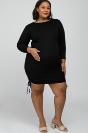 Black Ribbed Ruched Maternity Plus Dress