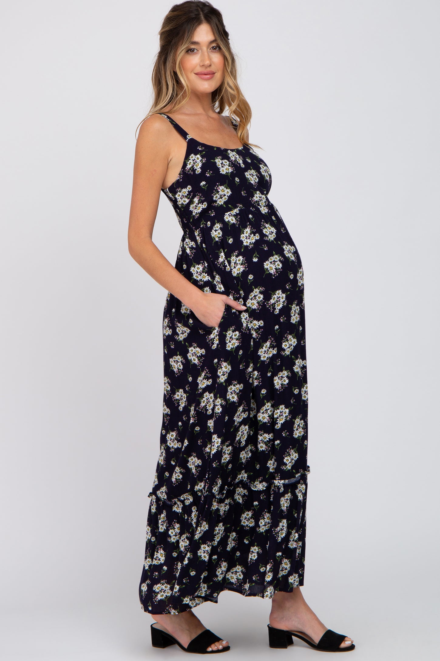 Navy Blue Floral Maternity Maxi Dress PinkBlush