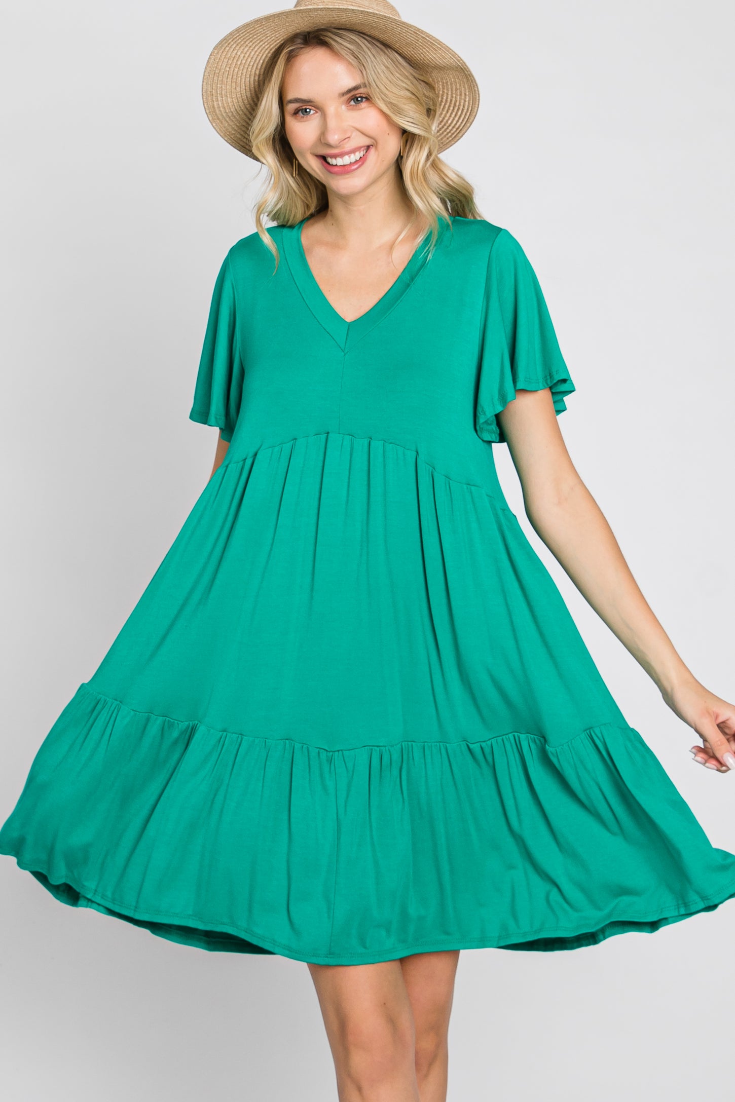 Green Flounce Sleeve Tiered Dress