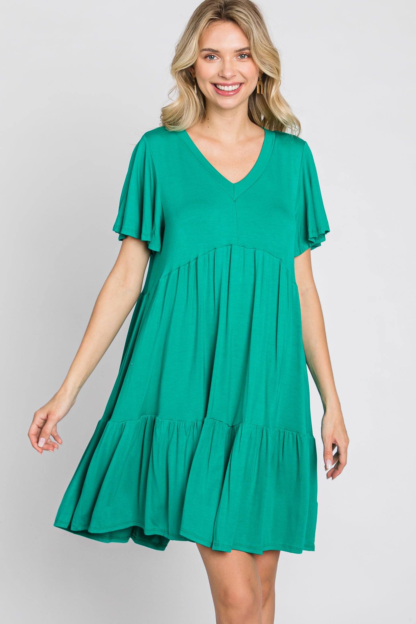 Green Flounce Sleeve Tiered Dress