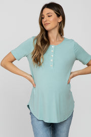 Light Olive Button Down Short Sleeve Maternity Top