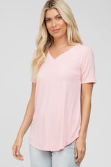 Light Pink V-Neck Short Sleeve Round Hem Top