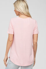 Light Pink V-Neck Short Sleeve Round Hem Top