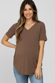 Brown V-Neck Maternity Short Sleeve Round Hem Top
