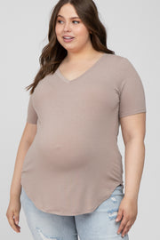 Taupe V-Neck Round Hem Maternity Plus Top