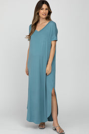 Blue Grey Side Slit Maternity Maxi Dress